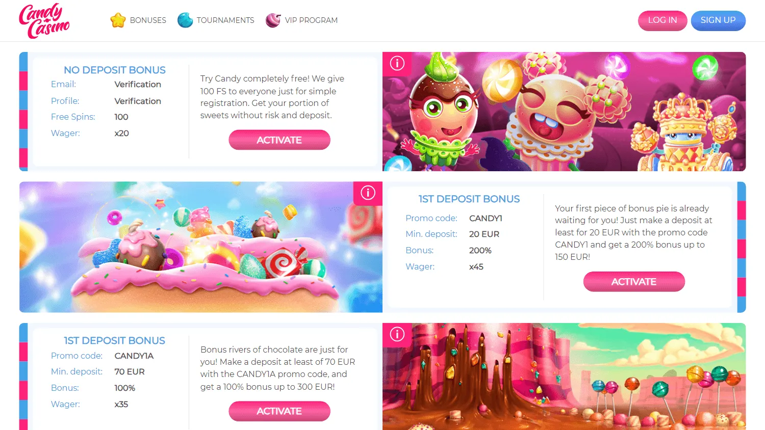 Candy Casino desktop promotions view with bonuses and free spins
