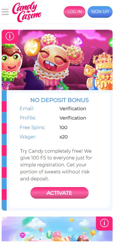 Candy Casino mobile browser promotions view with bonuses and free spins