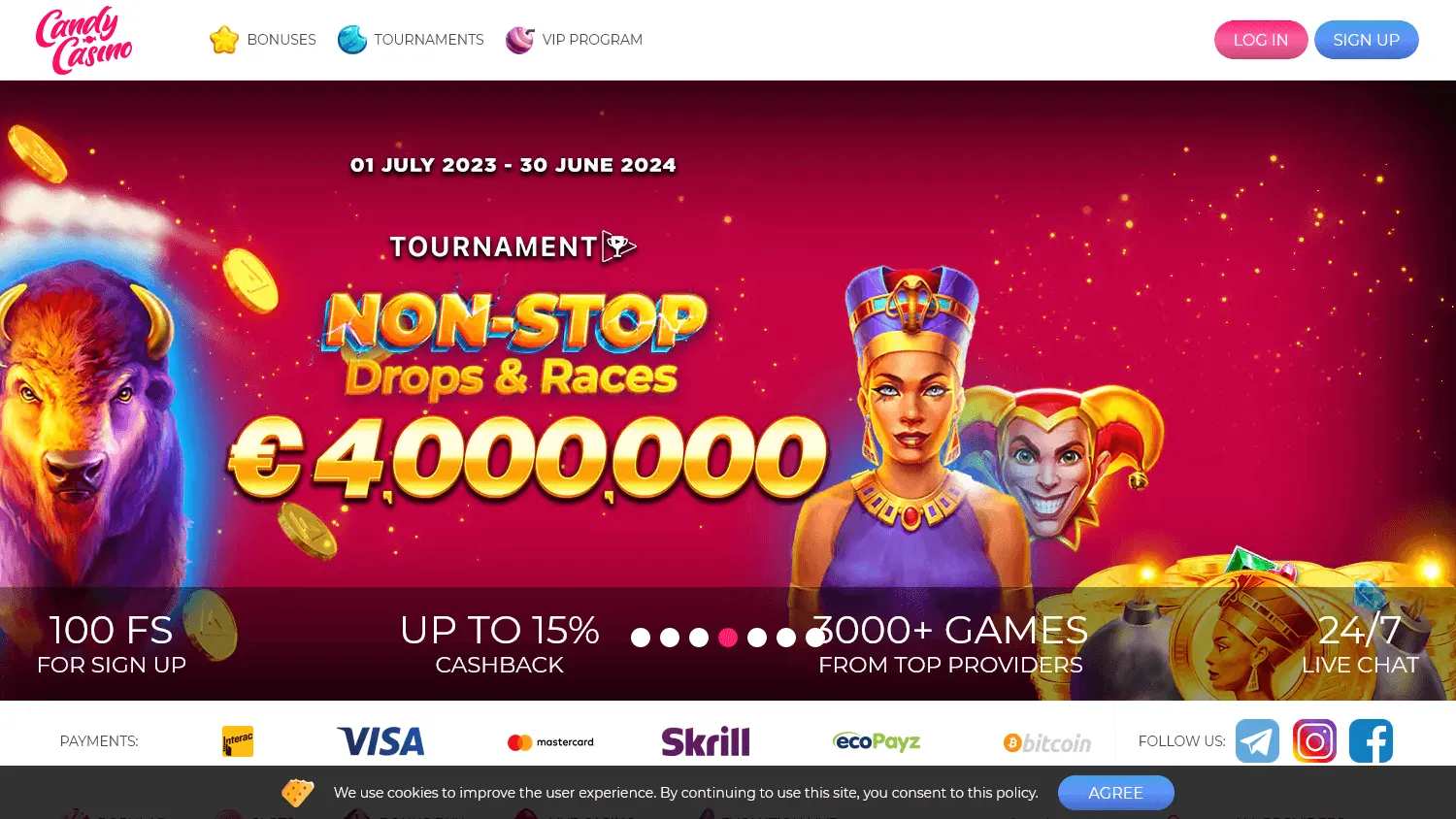 Candy Casino desktop home view with casino offers and game categories