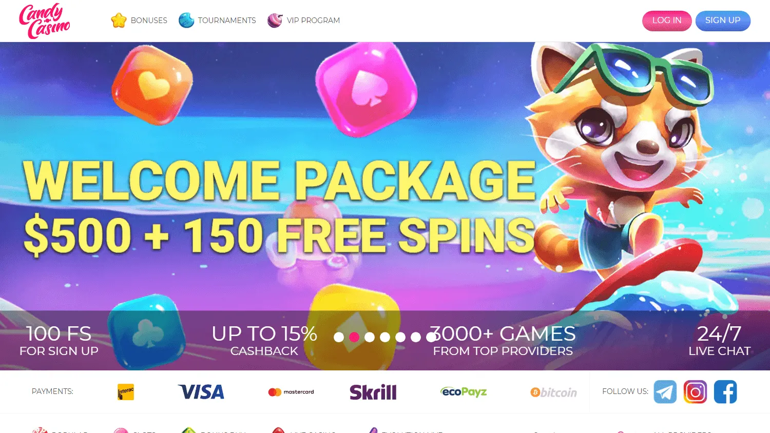 Candy Casino desktop games view with casino categories and titles